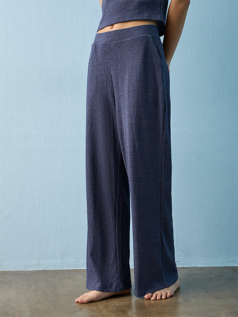 Superstar Dusty Blue Waffle-Textured Wide-Leg High-Rise Pants