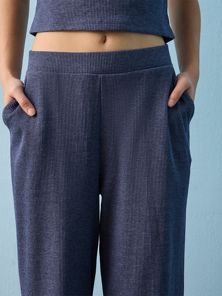 Superstar Dusty Blue Waffle-Textured Wide-Leg High-Rise Pants