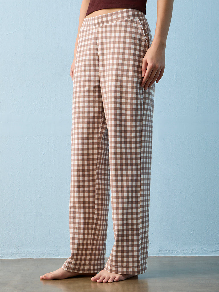 Superstar Brown Checkered High-Rise Cotton-Blend Pants