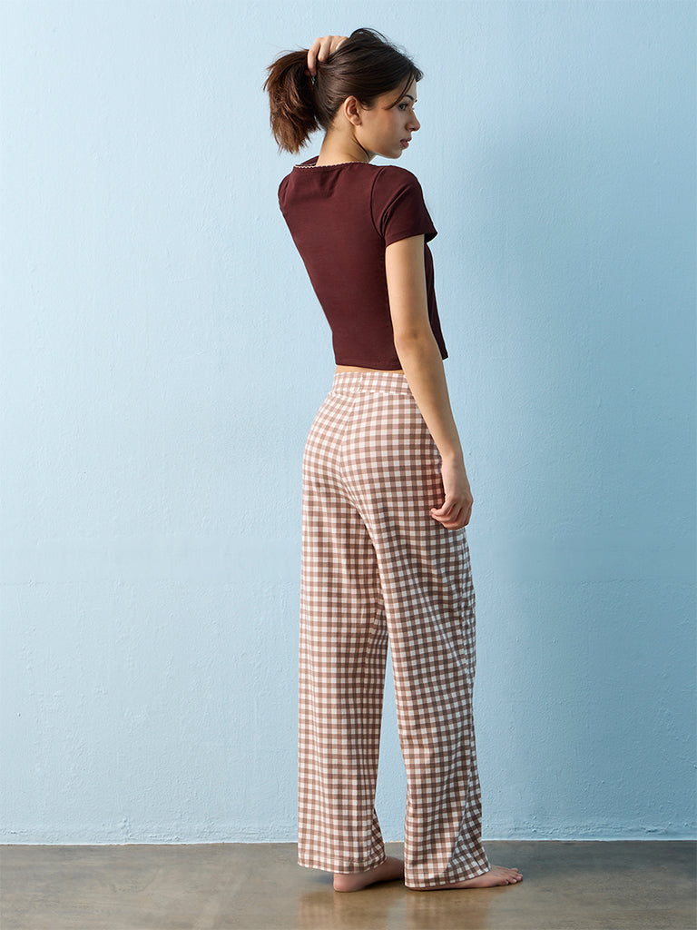 Superstar Brown Checkered High-Rise Cotton-Blend Pants