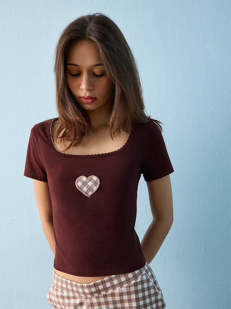 Superstar Dark Brown Heart Design Cotton-Blend T-Shirt