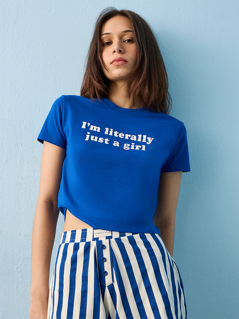 Superstar Blue Typographic Cotton-Blend T-Shirt