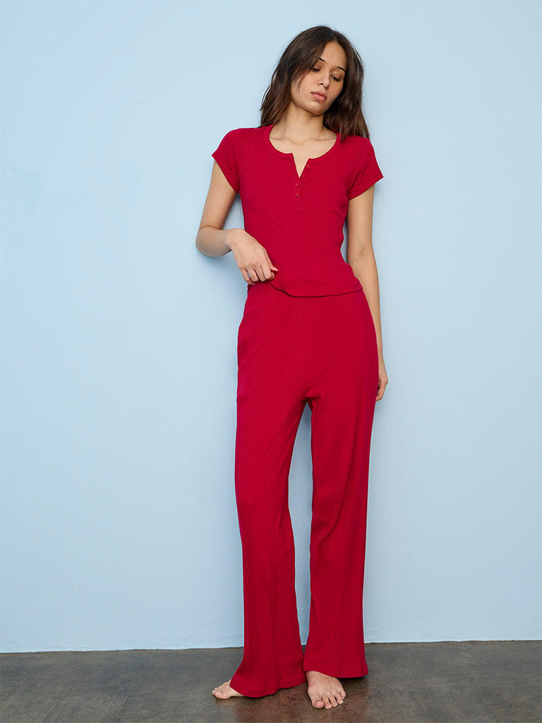 Superstar Red Ribbed-Textured Cotton-Blend Henley T-Shirt