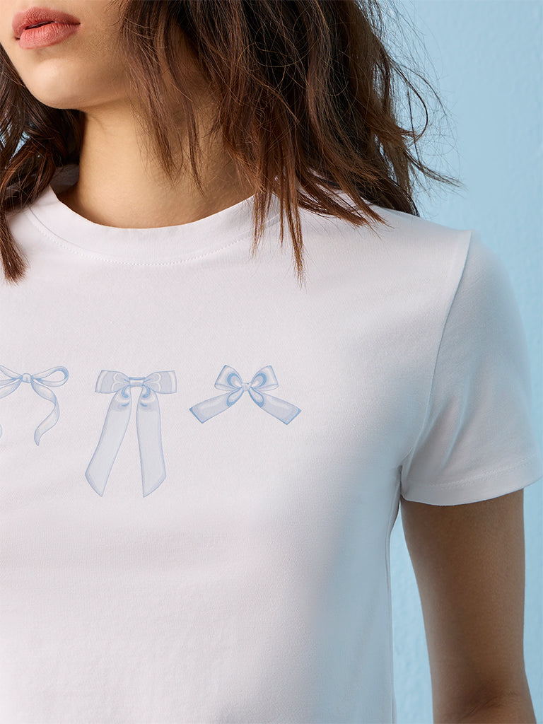 Superstar White Bow Detailed Cotton-Blend T-Shirt