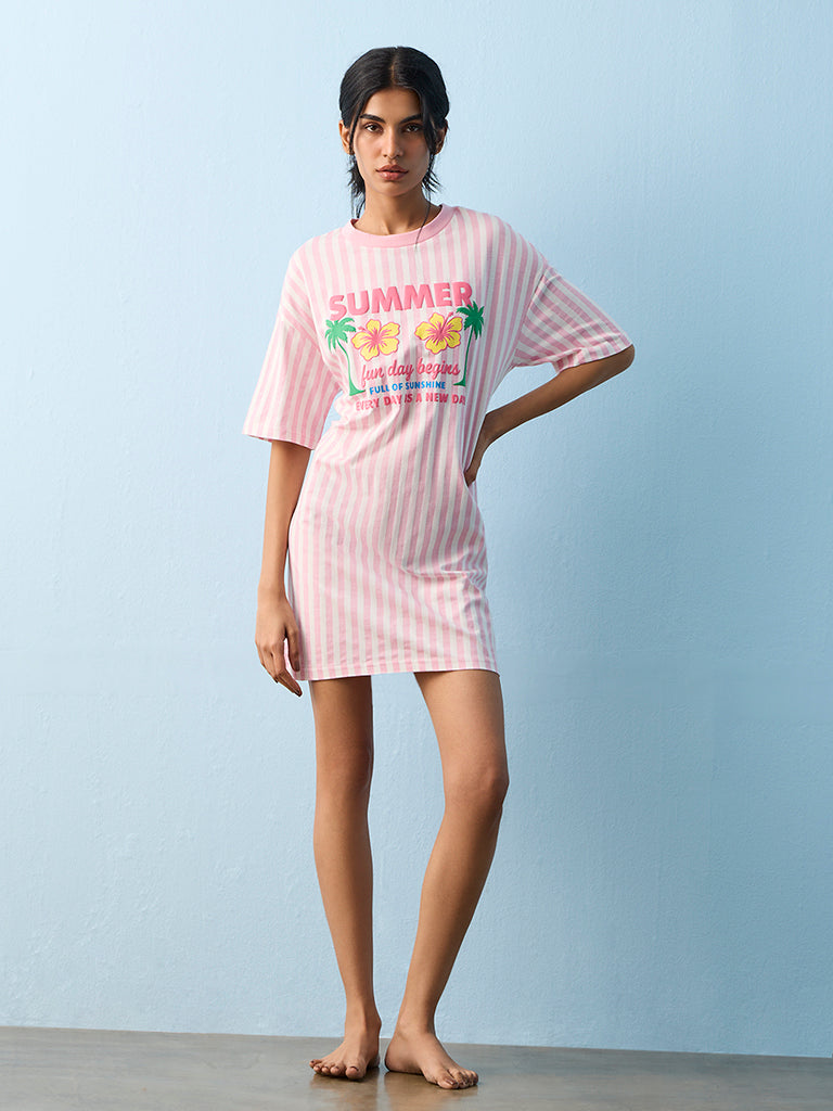 Superstar Pink Tropical-Inspired Cotton T-Shirt Dress
