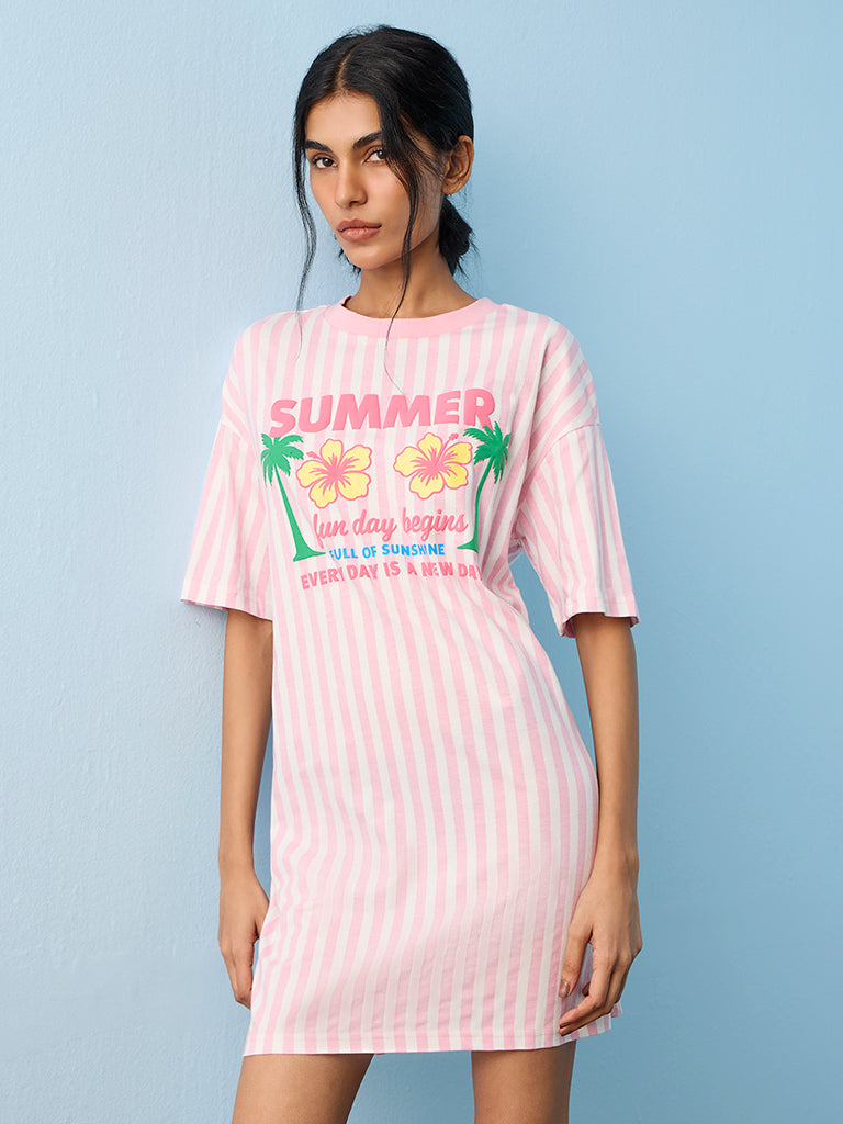 Superstar Pink Tropical-Inspired Cotton T-Shirt Dress