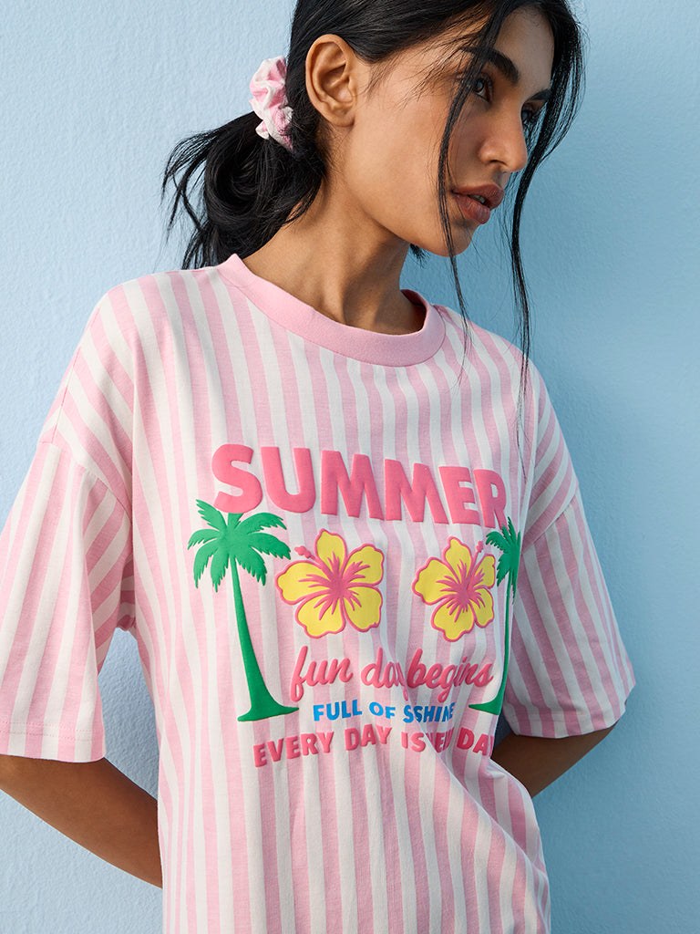 Superstar Pink Tropical-Inspired Cotton T-Shirt Dress