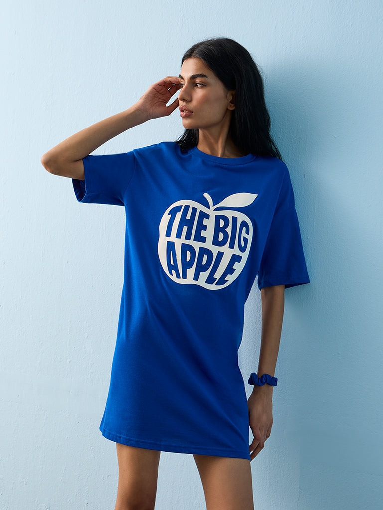 Superstar Blue Typographic Cotton T-Shirt Dress