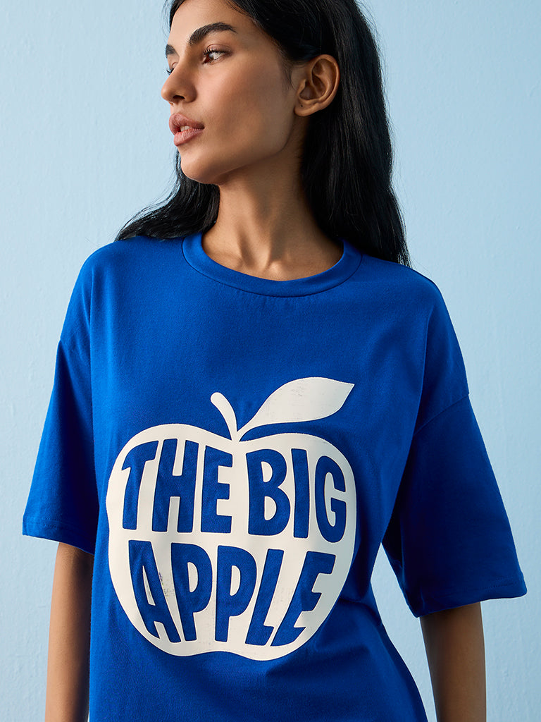 Superstar Blue Typographic Cotton T-Shirt Dress
