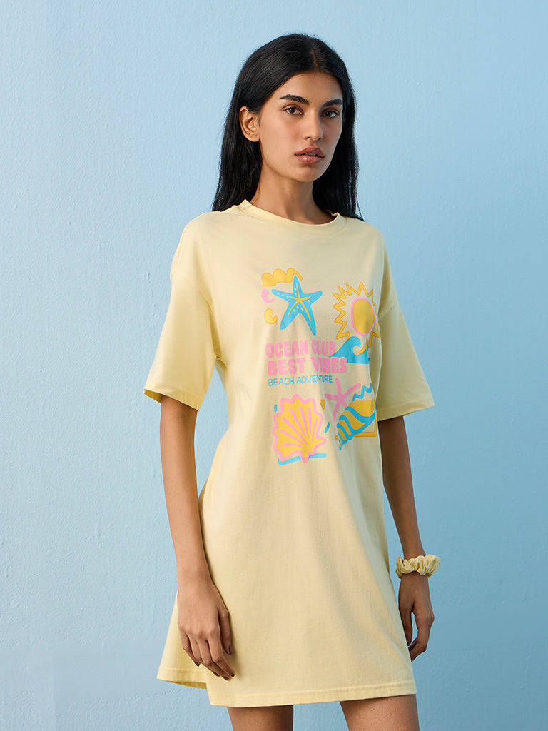 Superstar Yellow Beach-Inspired Cotton T-Shirt Dress