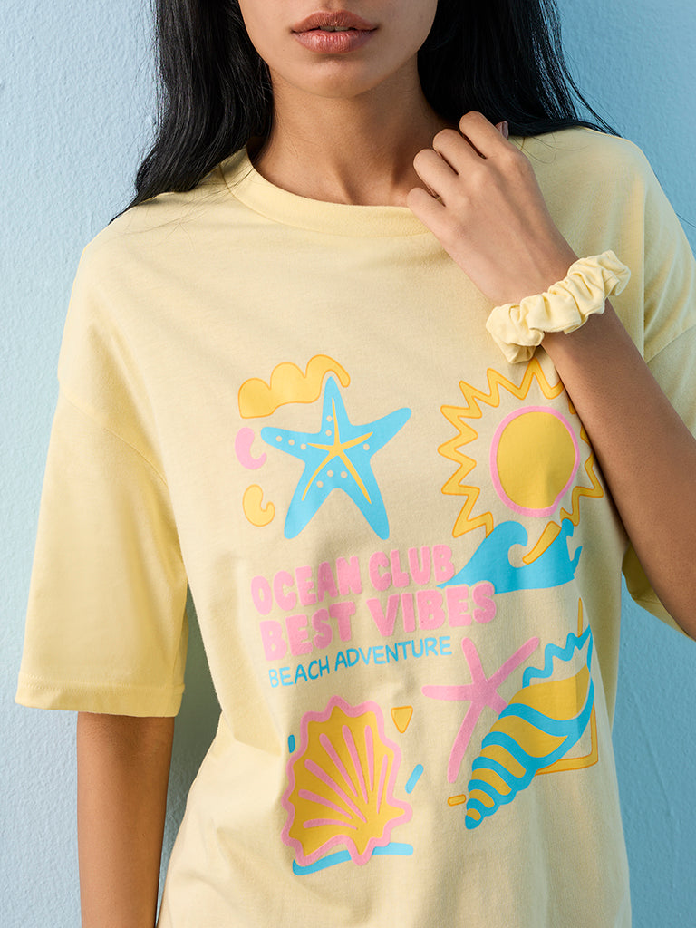 Superstar Yellow Beach-Inspired Cotton T-Shirt Dress