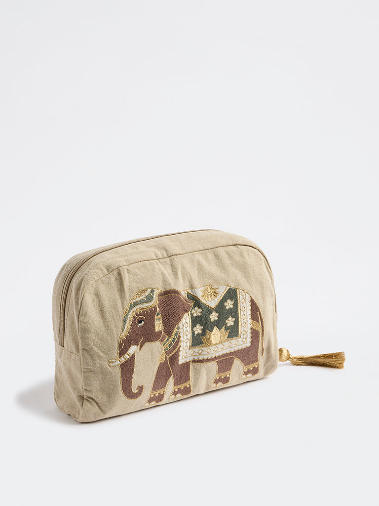 Westside Home Beige Heritage Elephant Design Pouch
