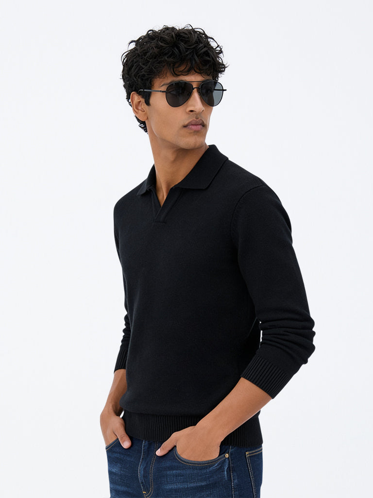 WES Casuals Black Solid Relaxed-Fit Sweater