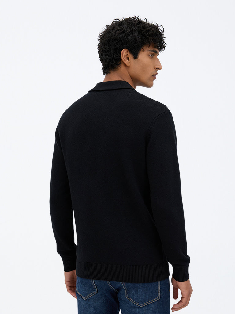 WES Casuals Black Solid Relaxed-Fit Sweater