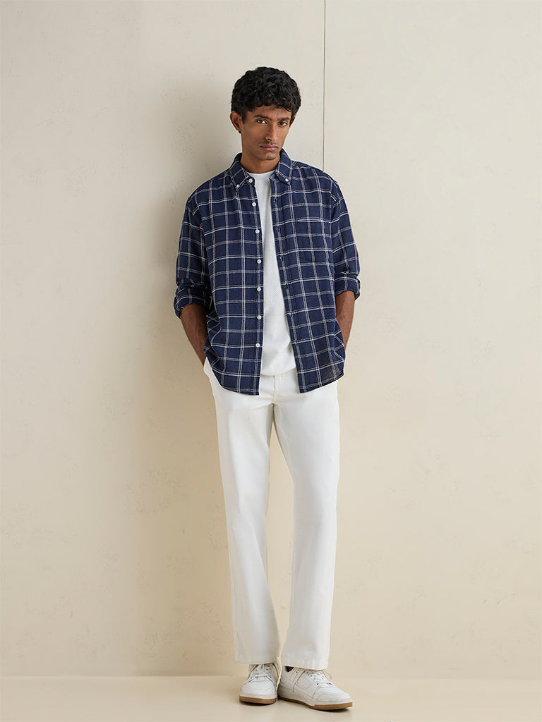 WES Casuals Navy Checkered Relaxed-Fit Cotton Shirt