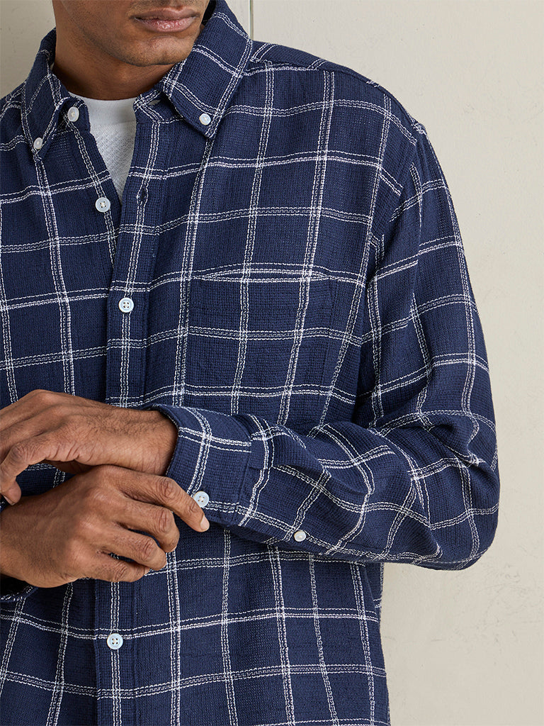 WES Casuals Navy Checkered Relaxed-Fit Cotton Shirt