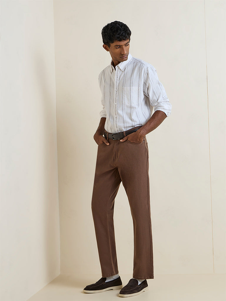 WES Casuals White Striped Relaxed-Fit Cotton Shirt