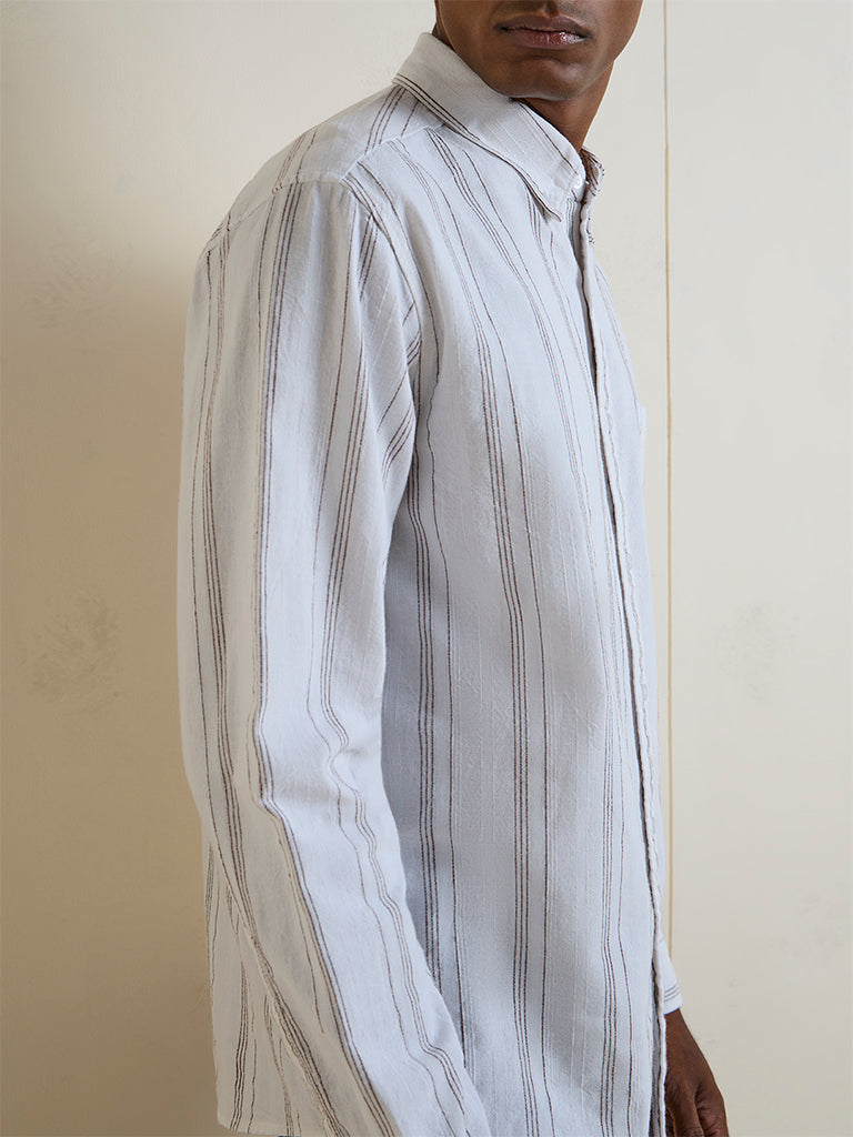 WES Casuals White Striped Relaxed-Fit Cotton Shirt