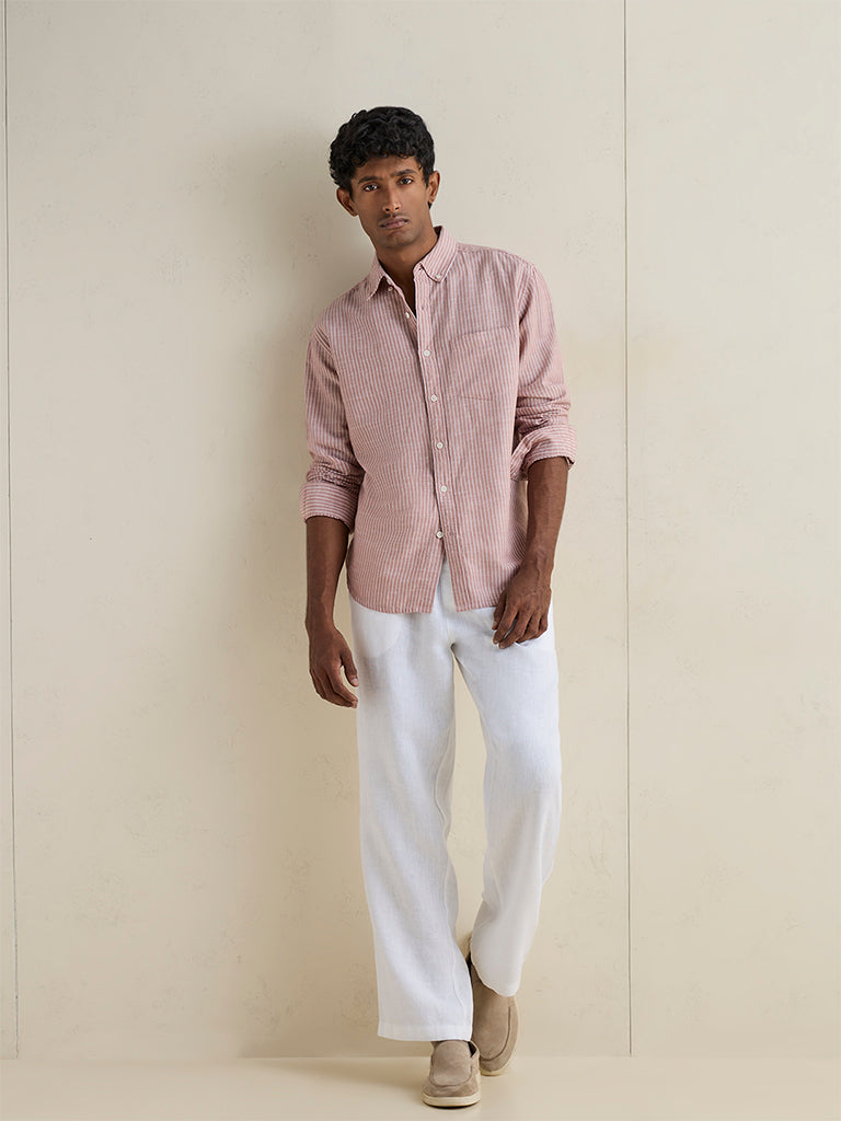 WES Casuals Pink Striped Relaxed-Fit Cotton-Blend Shirt