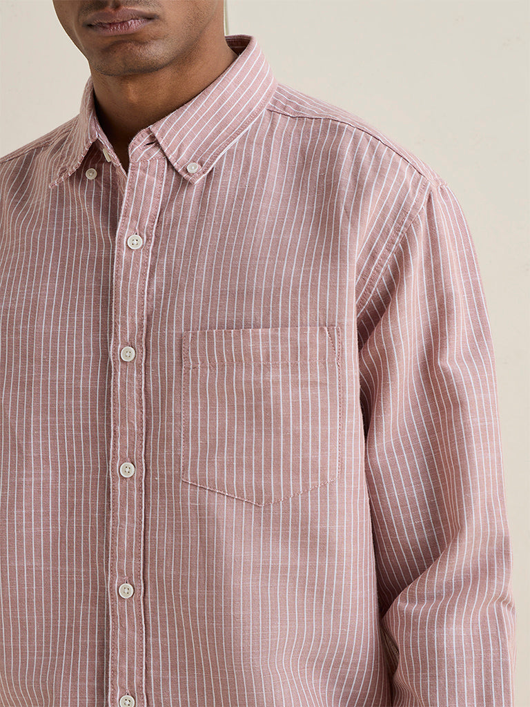 WES Casuals Pink Striped Relaxed-Fit Cotton-Blend Shirt
