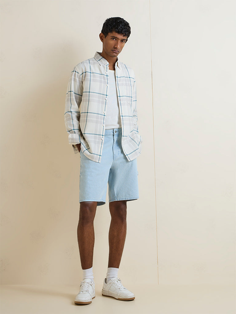 WES Casuals Grey Checkered Relaxed-Fit Cotton Shirt
