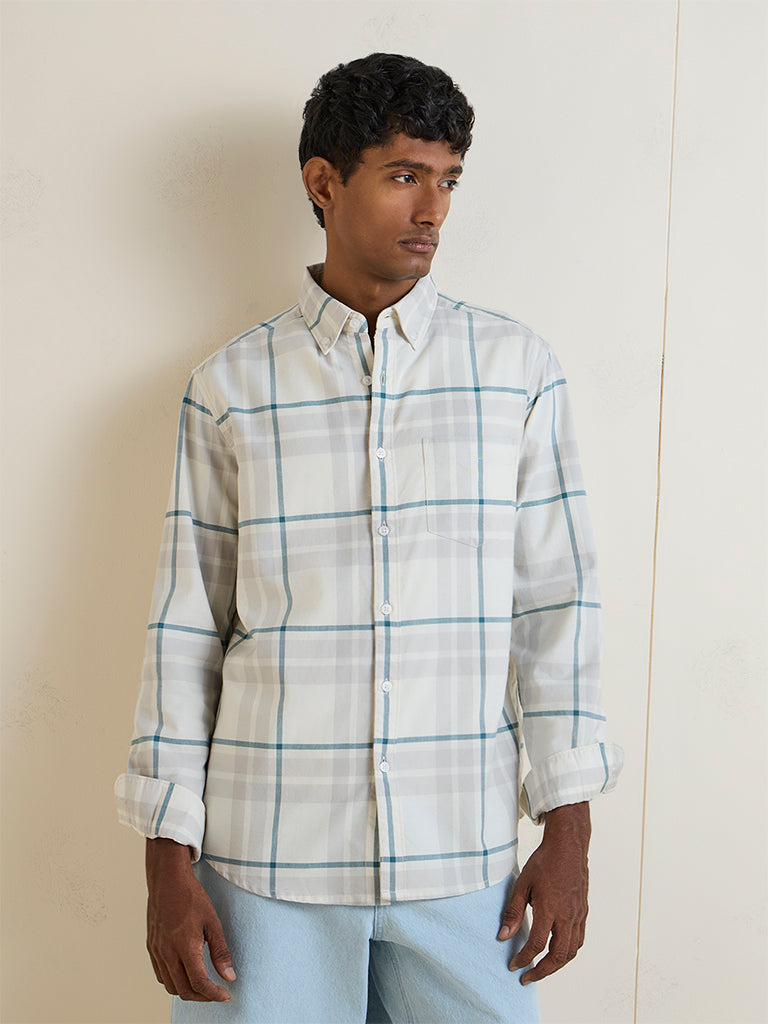 WES Casuals Grey Checkered Relaxed-Fit Cotton Shirt