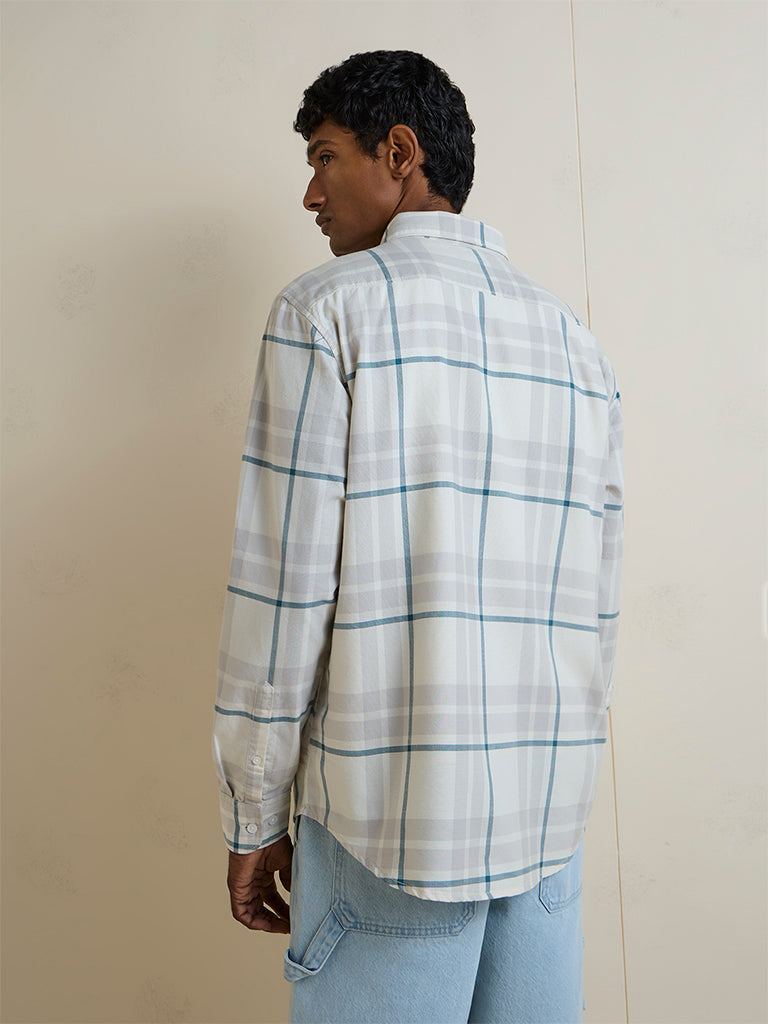 WES Casuals Grey Checkered Relaxed-Fit Cotton Shirt