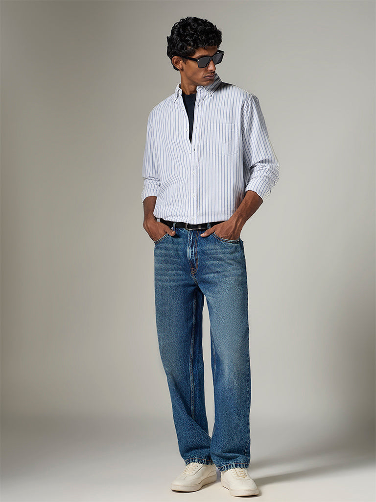 WES Casuals White Striped Relaxed-Fit Cotton Shirt