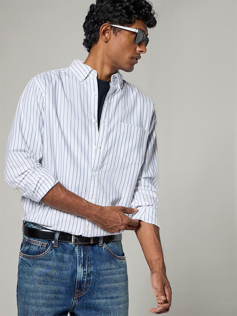 WES Casuals White Striped Relaxed-Fit Cotton Shirt