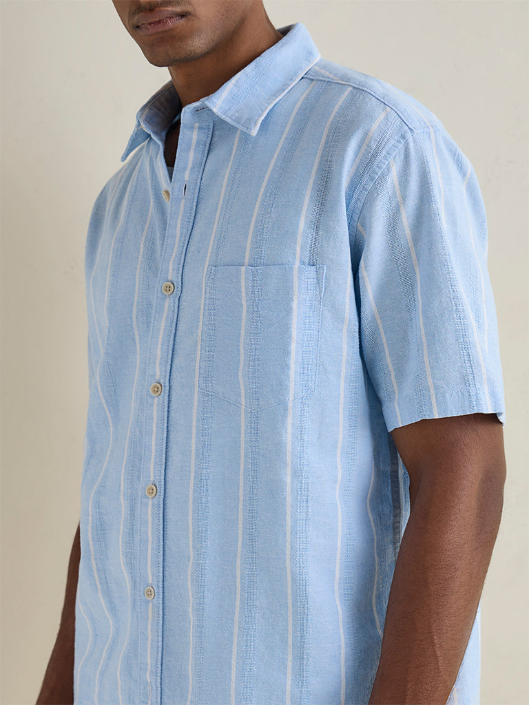 WES Casuals Light Blue Striped Relaxed-Fit Cotton-Blend Shirt