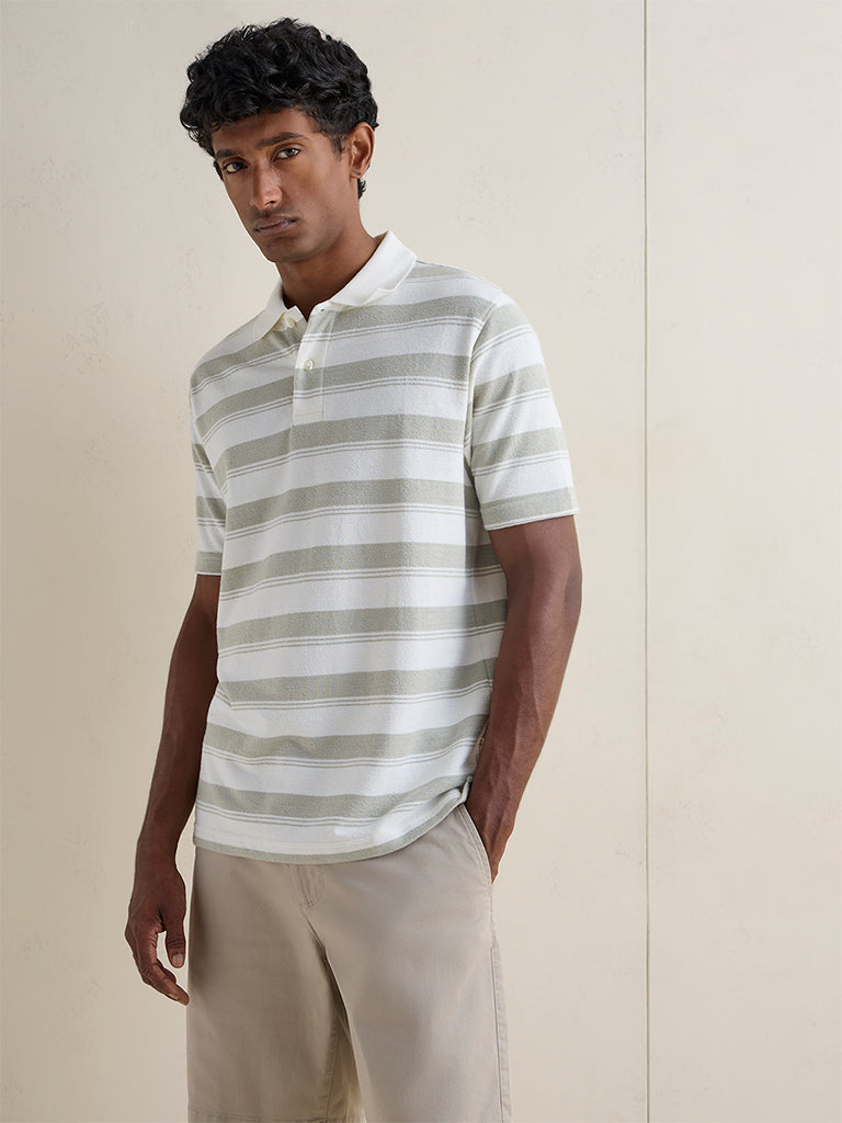 WES Casuals Sage Striped Relaxed-Fit Cotton Polo T-Shirt