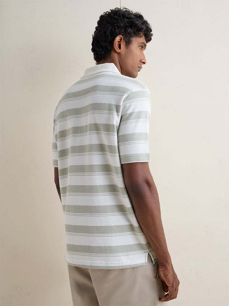 WES Casuals Sage Striped Relaxed-Fit Cotton Polo T-Shirt