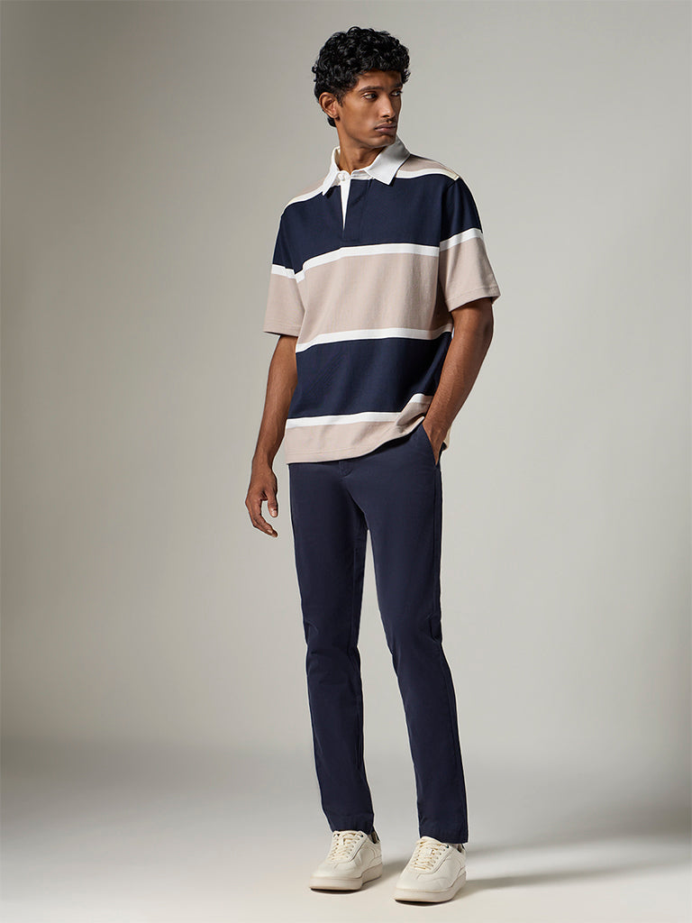 WES Casuals Navy Striped Relaxed-Fit Polo T-Shirt