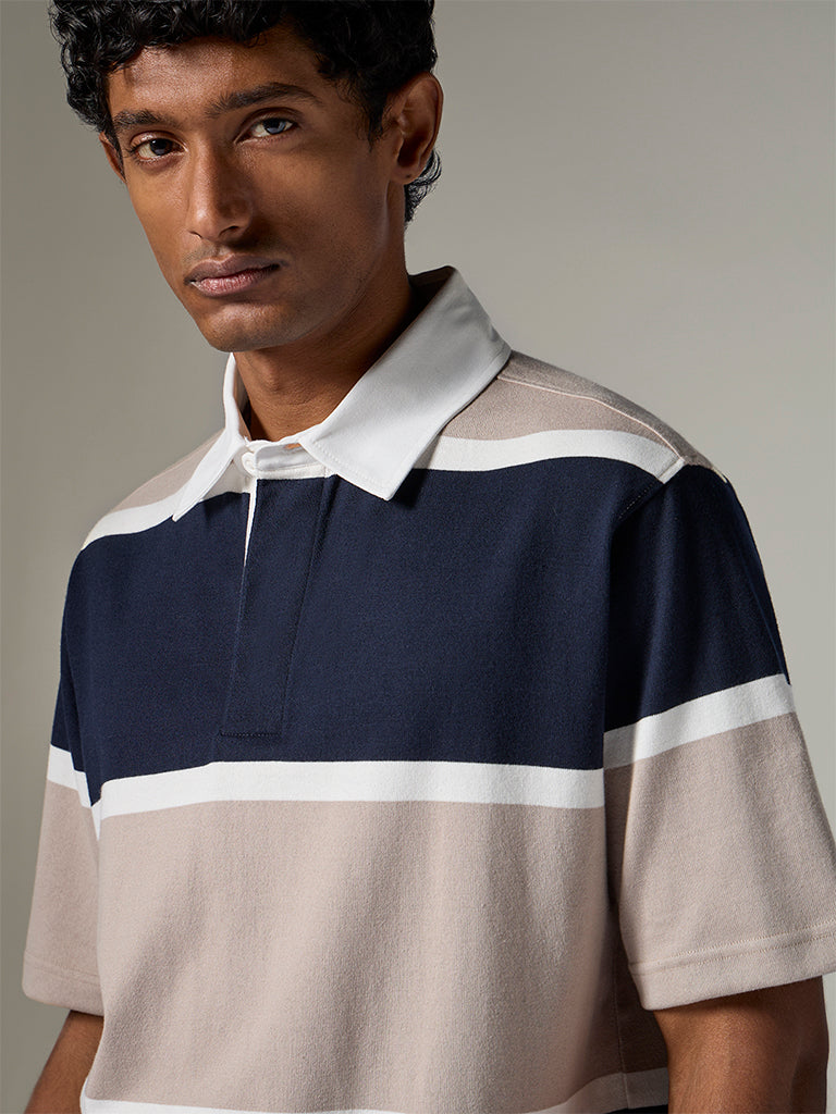 WES Casuals Navy Striped Relaxed-Fit Polo T-Shirt