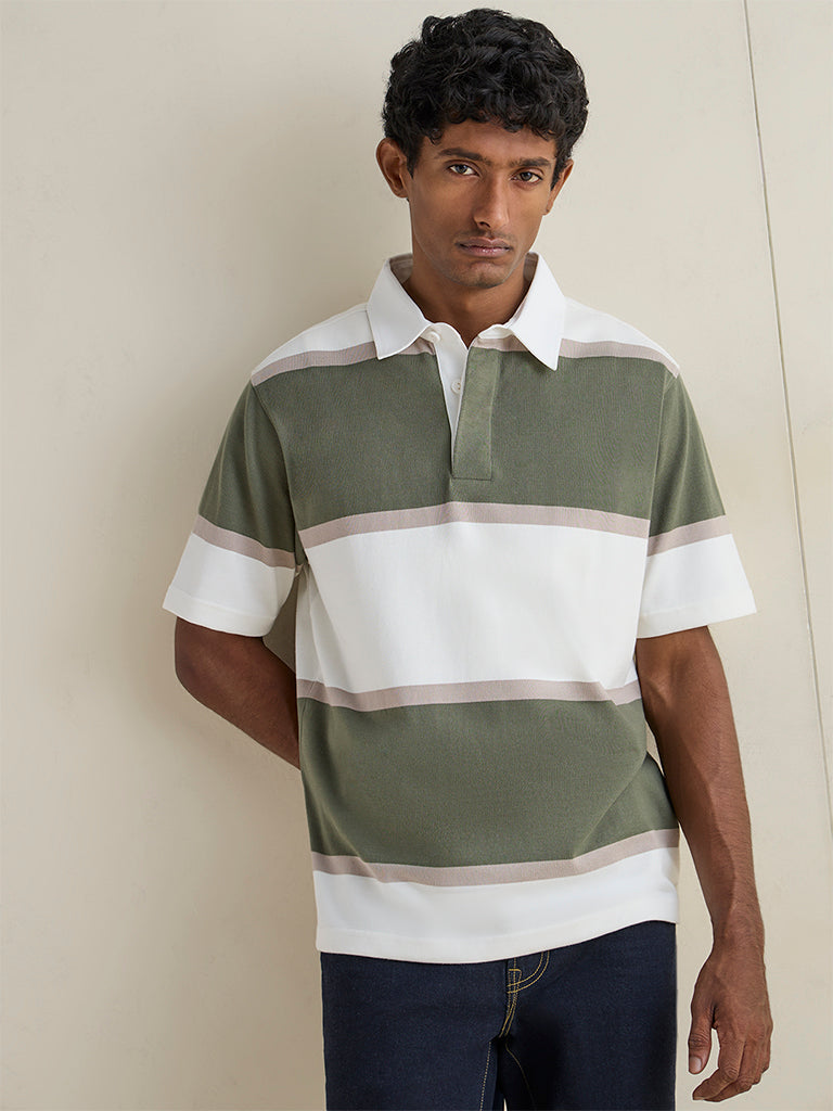WES Casuals Sage Green Striped Relaxed-Fit Polo T-Shirt