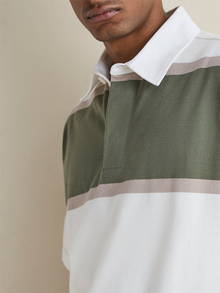 WES Casuals Sage Green Striped Relaxed-Fit Polo T-Shirt