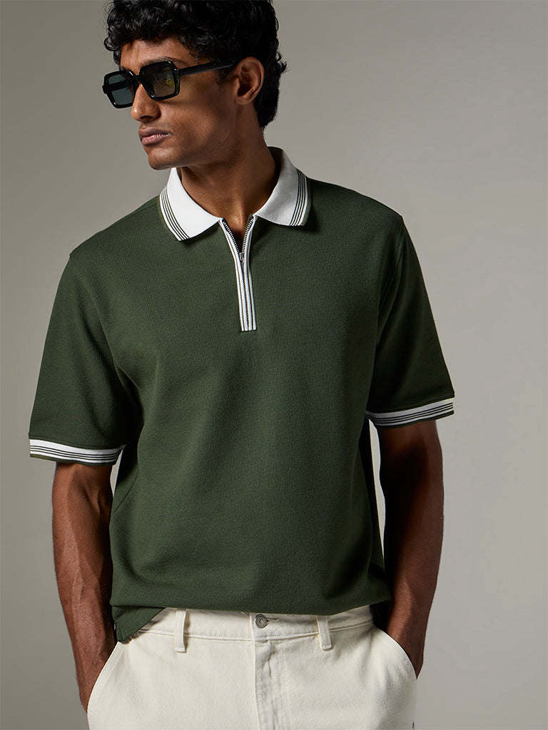 WES Casuals  White Waffle-Textured Relaxed-Fit Cotton Polo T-Shirt