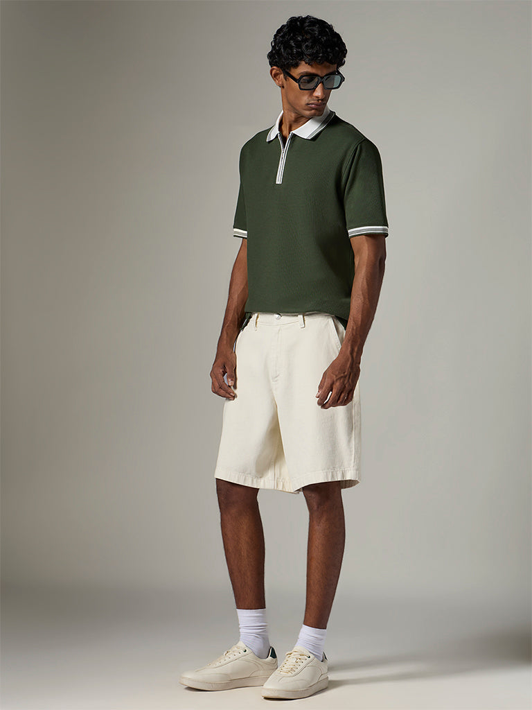 WES Casuals  White Waffle-Textured Relaxed-Fit Cotton Polo T-Shirt
