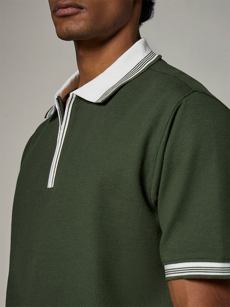 WES Casuals  White Waffle-Textured Relaxed-Fit Cotton Polo T-Shirt