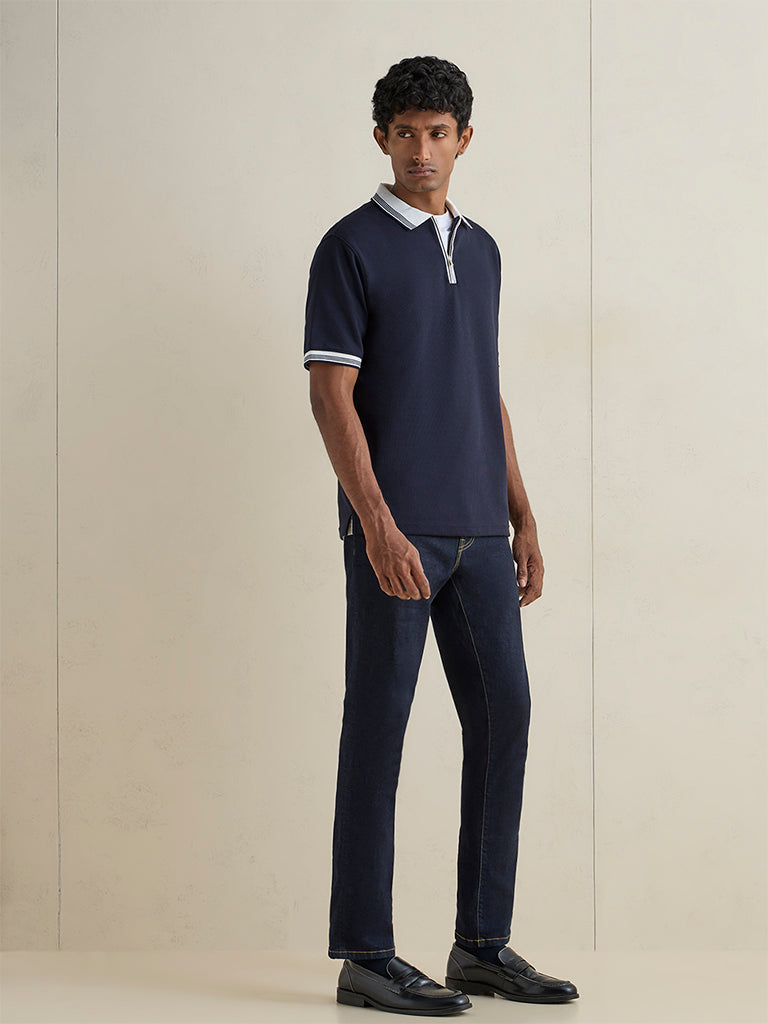 WES Casuals Navy Waffle-Textured Relaxed-Fit Cotton Polo T-Shirt