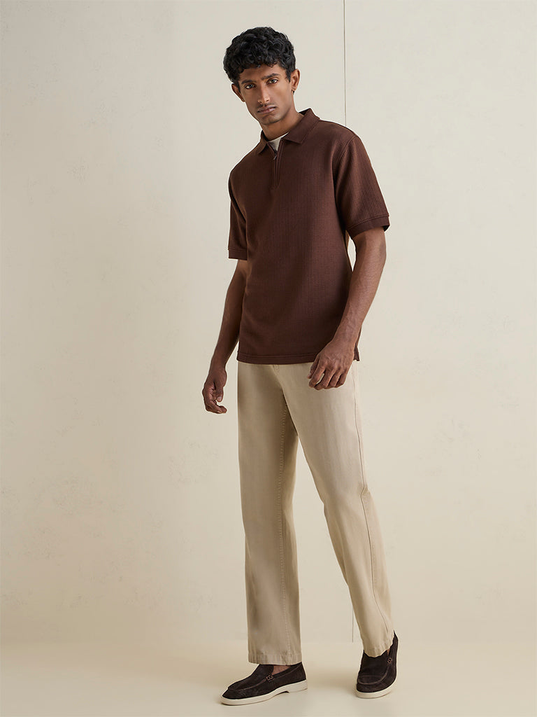 WES Casuals Brown Textured Relaxed-Fit Cotton-Blend Polo T-Shirt
