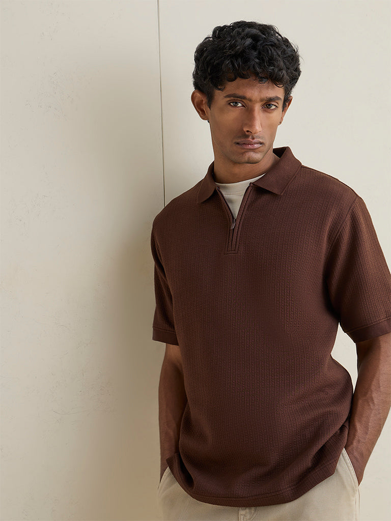WES Casuals Brown Textured Relaxed-Fit Cotton-Blend Polo T-Shirt