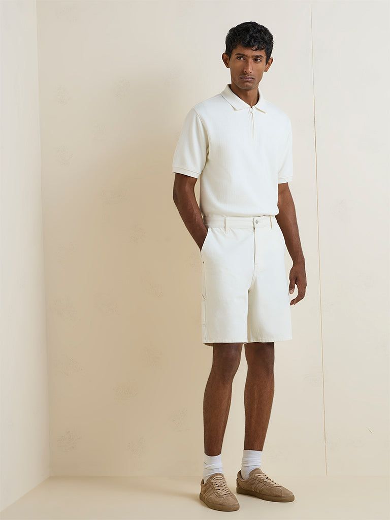 WES Casuals Off-White Textured Relaxed-Fit Cotton-Blend T-Shirt