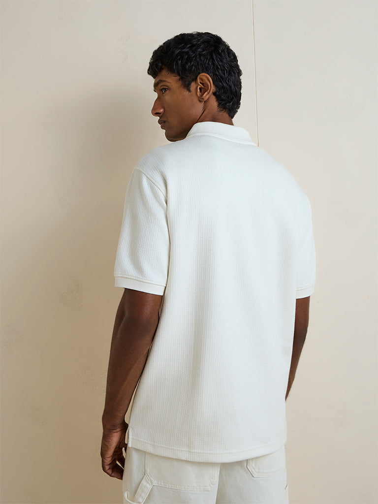 WES Casuals Off-White Textured Relaxed-Fit Cotton-Blend T-Shirt