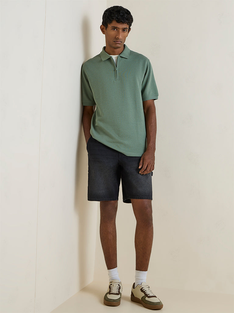 WES Casuals Sage Green Textured Relaxed-Fit Cotton-Blend T-Shirt