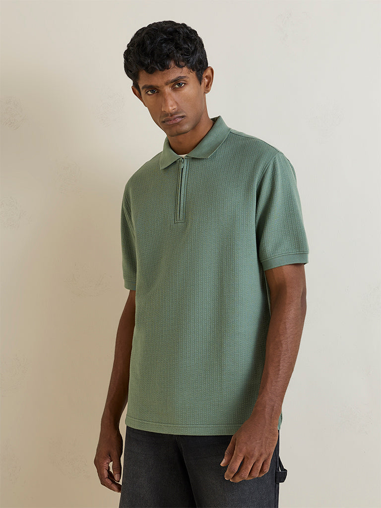 WES Casuals Sage Green Textured Relaxed-Fit Cotton-Blend T-Shirt