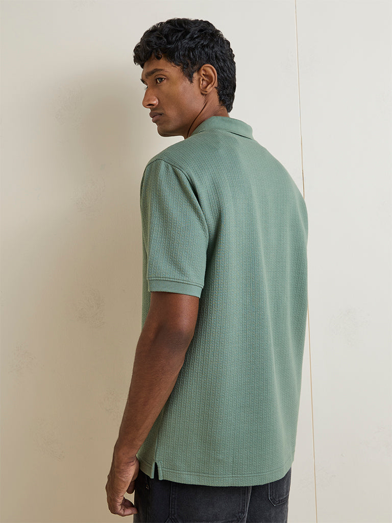 WES Casuals Sage Green Textured Relaxed-Fit Cotton-Blend T-Shirt