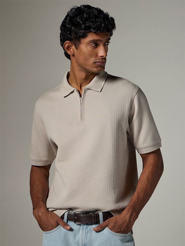 WES Casuals  Taupe Textured Relaxed-Fit Cotton-Blend Polo T-Shirt