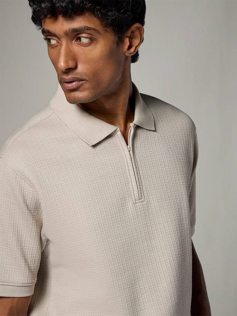 WES Casuals  Taupe Textured Relaxed-Fit Cotton-Blend Polo T-Shirt