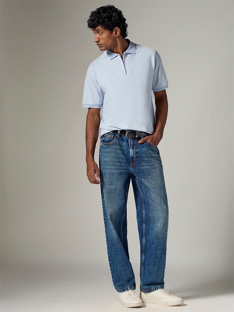 WES Casuals Light Blue Relaxed-Fit Cotton-Blend Quarter-Zip Polo T-Shirt